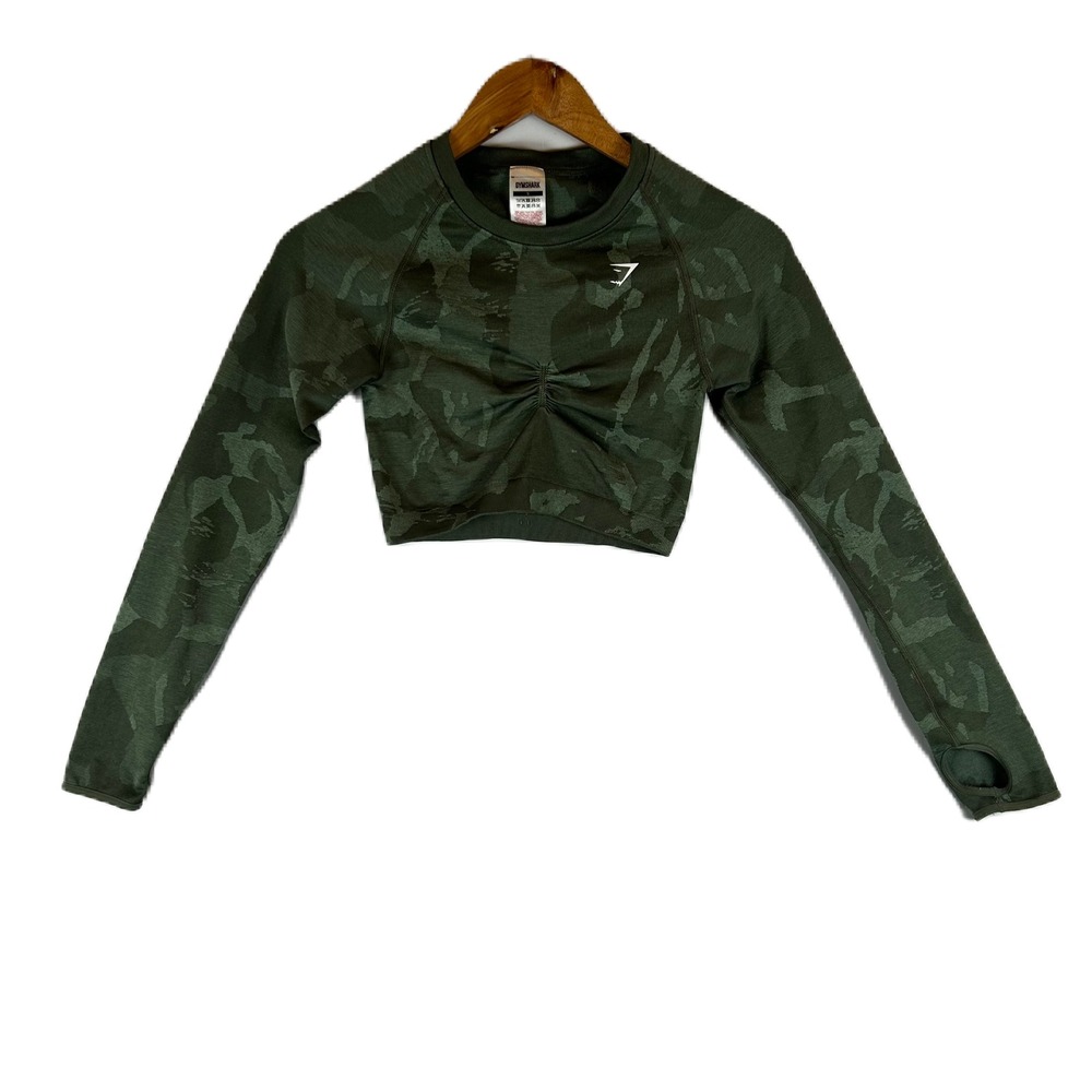 Gymshark Green Adapt Camo Seamless Cropped Long‎ Sleeve Top Women's Size S